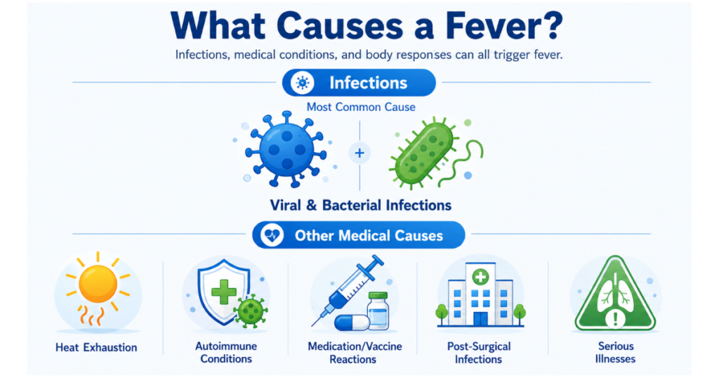 Infographic explaining common fever causes, including infections and other medical conditions.