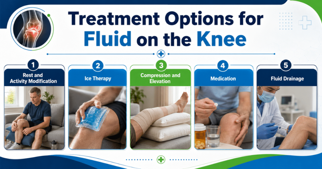 Treatment options for fluid on the knee infographic.