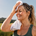 Woman wiping sweat with a towel while standing outdoors in sunny weather.