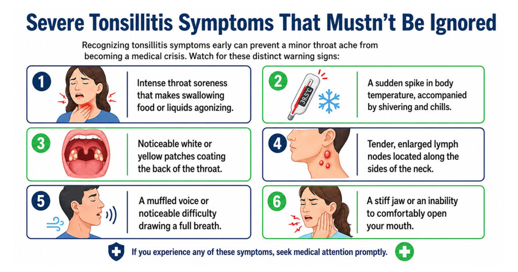 Infographic showing six severe tonsillitis warning signs 