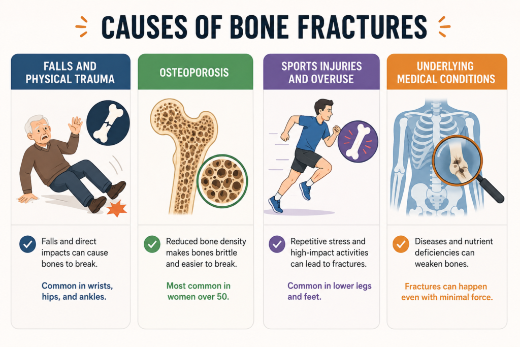 Infographic showing common causes of bone fractures, including trauma, osteoporosis, sports injuries, and medical conditions.
