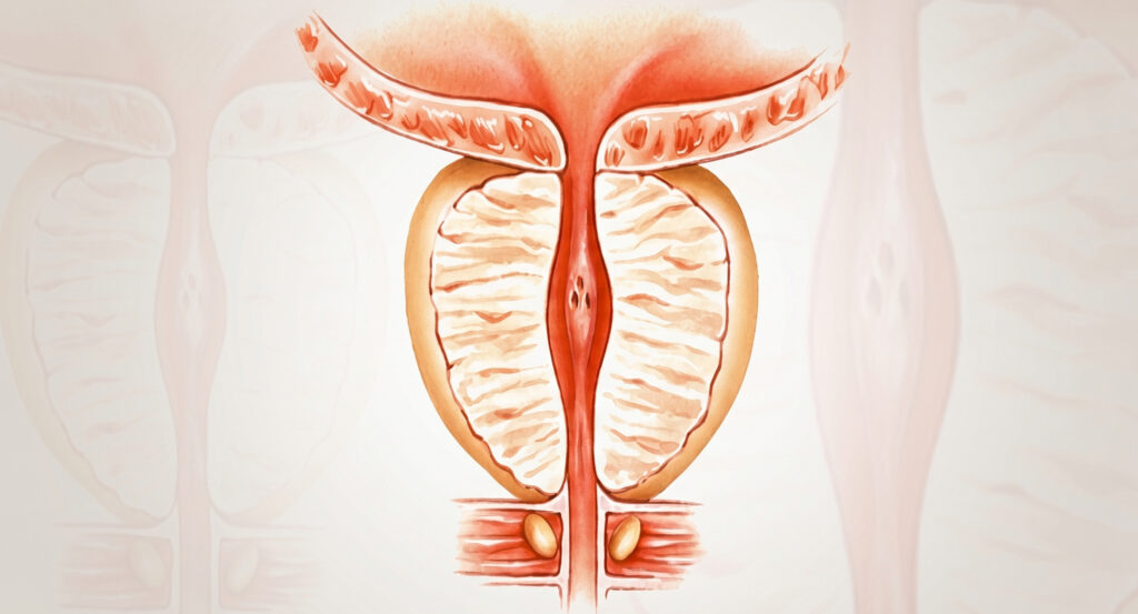 medical illustration showing an anatomical cross-section of the human prostate gland and surrounding structures.