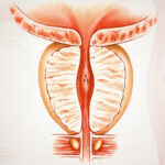 medical illustration showing an anatomical cross-section of the human prostate gland and surrounding structures.