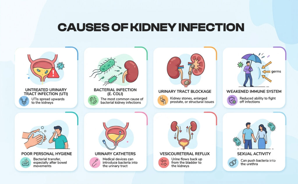 An infographic titled "Causes of Kidney Infection," featuring eight illustrative icons representing factors such as UTIs, bacteria, physical blockages, immune health, hygiene, medical devices, reflux, and sexual activity.