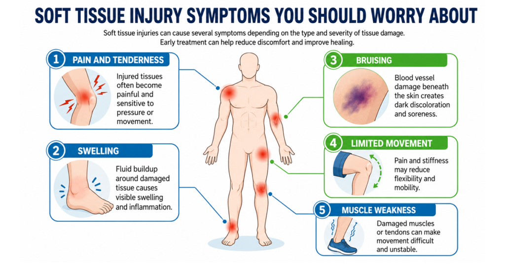 Infographic showing soft tissue injury symptoms including pain, swelling, bruising, limited movement, and muscle weakness.