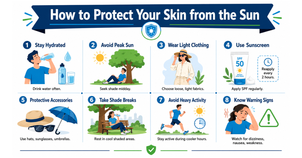 Blue and green infographic explaining how to protect skin from the sun.