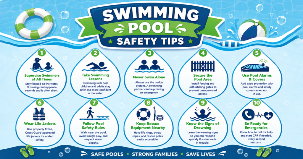 Stat: Blue and green swimming pool safety tips infographic.