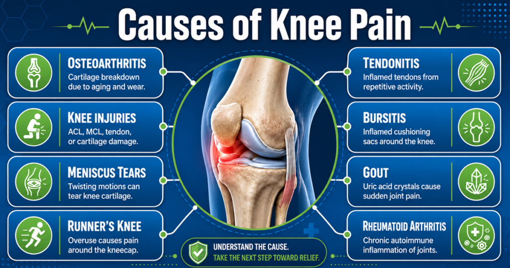 Infographic showing common causes of knee pain.