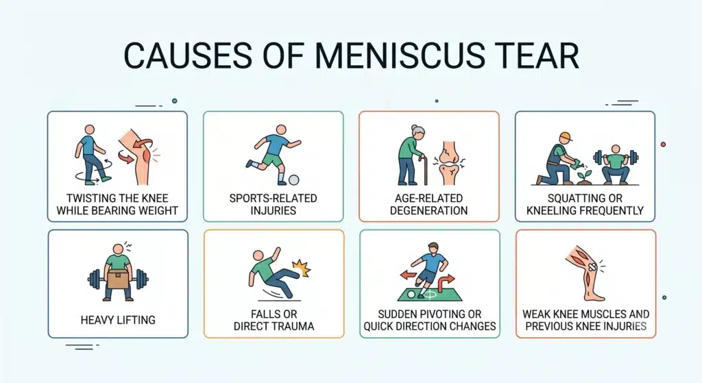 Infographic illustrating eight common causes of a meniscus tear with illustrations.