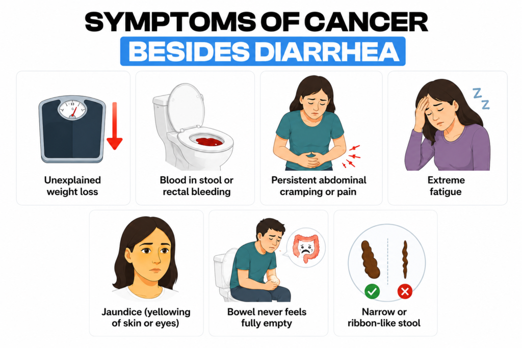 Infographic illustrating seven potential cancer symptoms besides diarrhea.