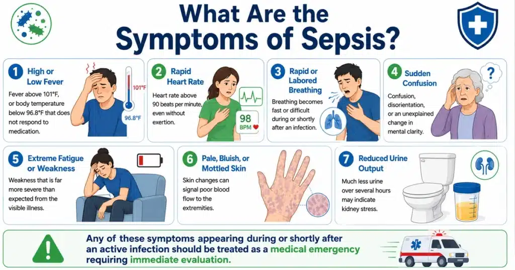 Sepsis symptoms infographic.