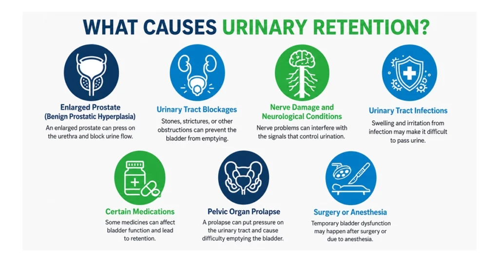 Infographic explaining seven possible causes of urinary retention.