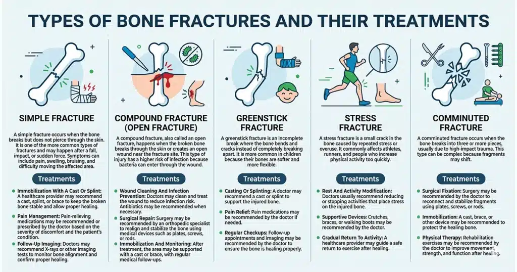 Infographic explaining common bone fracture types and their treatments.