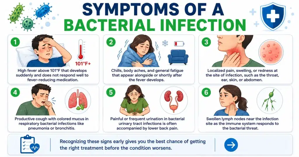 Infographic showing six common symptoms of bacterial infection.