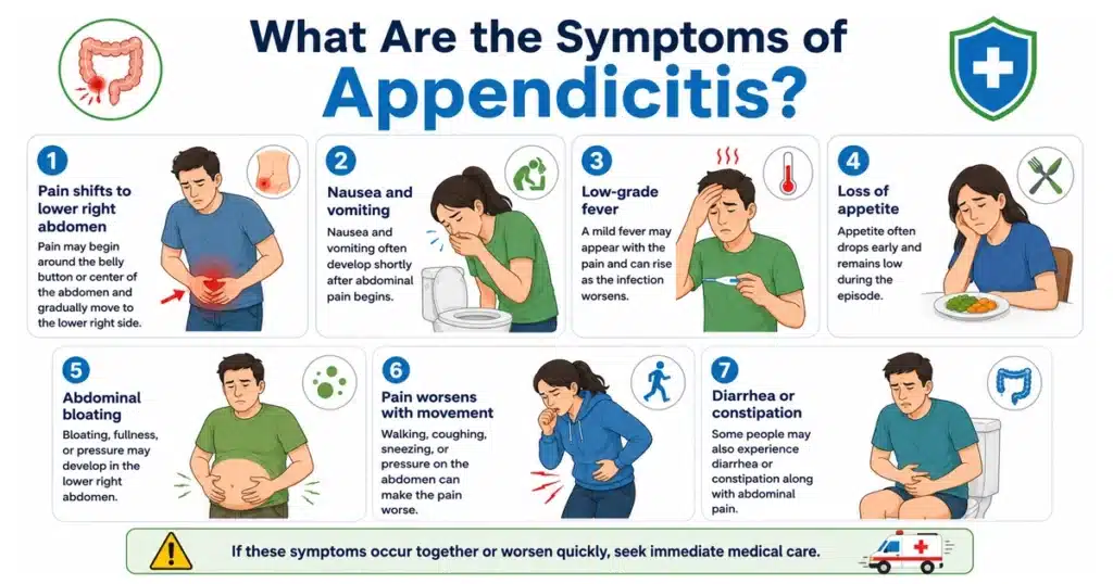 Infographic showing seven common symptoms of appendicitis.