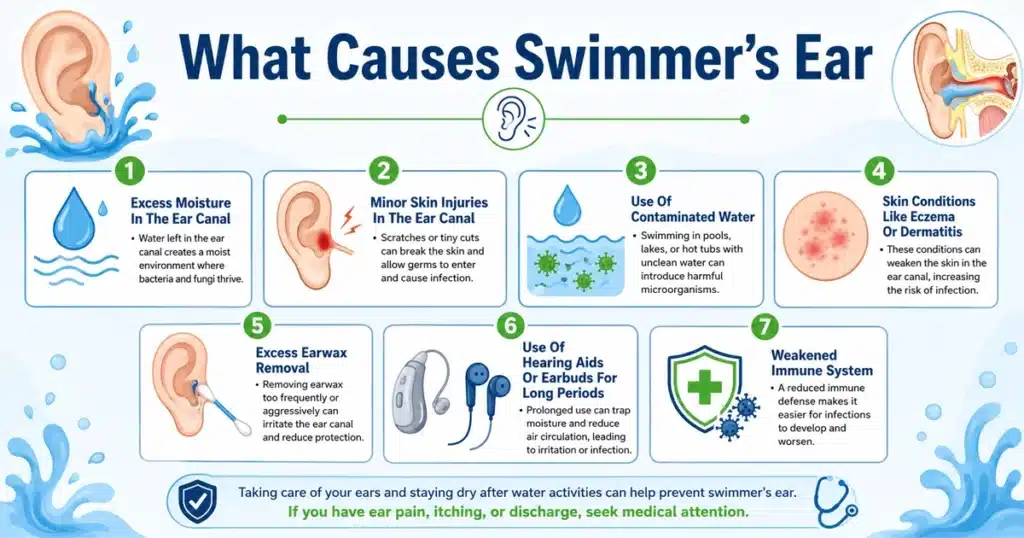 Infographic showing seven common causes of swimmer’s ear.
