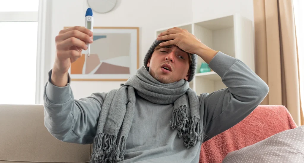 Sick man sitting on a couch checking a digital thermometer for a fever.