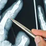 Hand X-ray showing a finger fracture highlighted with a medical pointer.