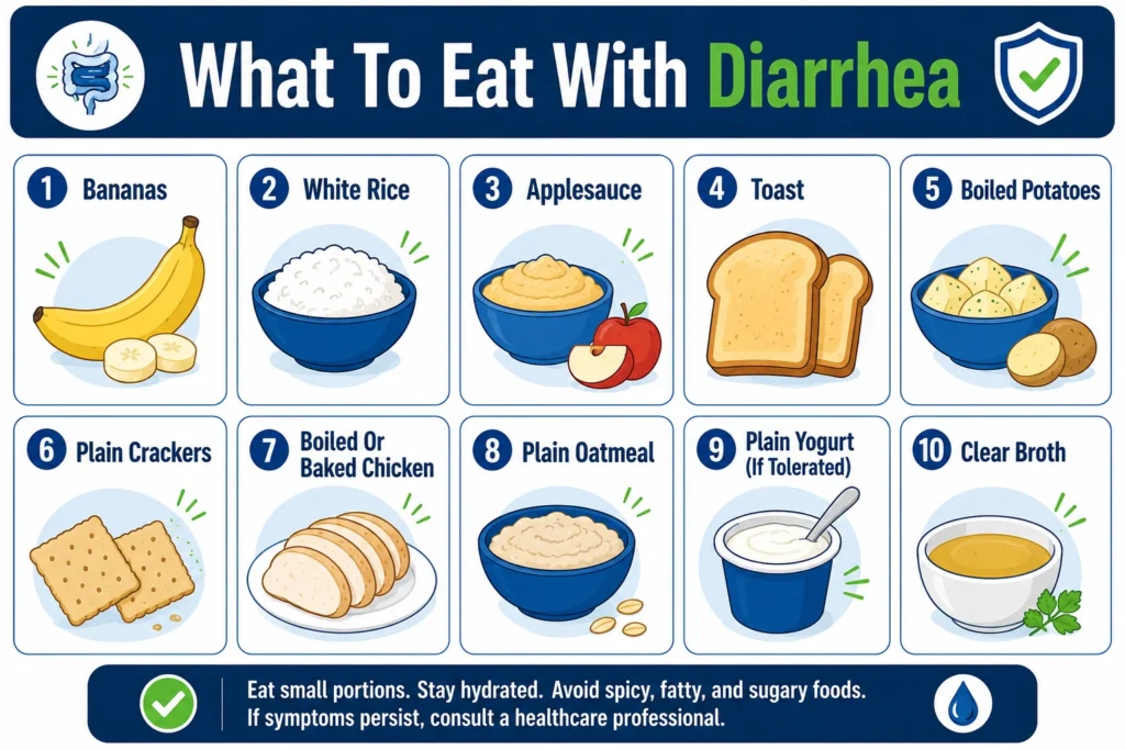 Infographic listing ten recommended foods to eat when experiencing diarrhea.
