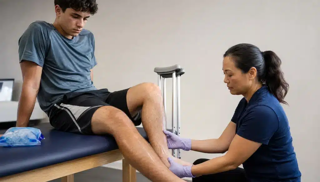 Sports Injuries: Physical therapist examines young male athlete's injured lower leg and ankle.