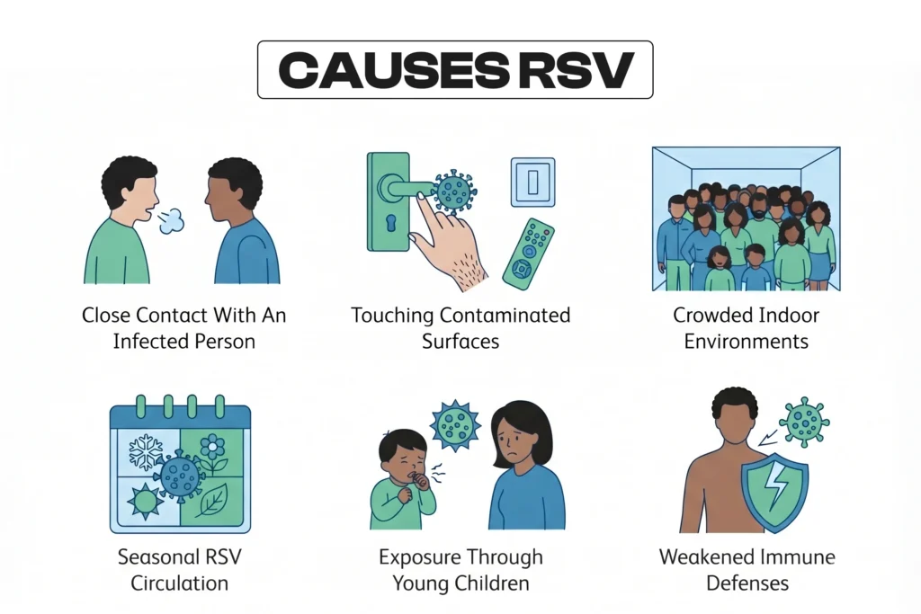 Medical infographic detailing six common causes and transmission vectors of RSV.