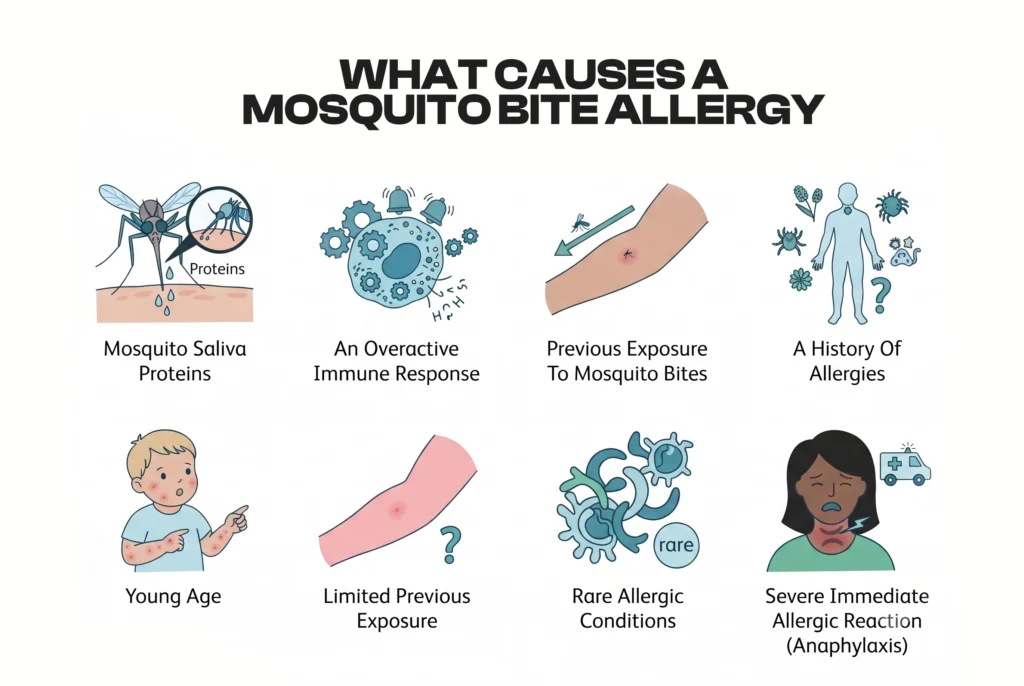 Infographic illustrating eight causes and factors of a mosquito bite allergy.