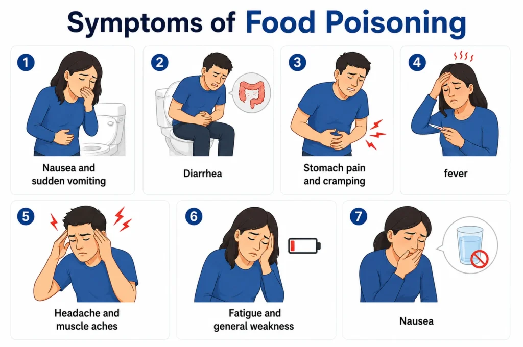 Infographic illustrating seven common symptoms of food poisoning.