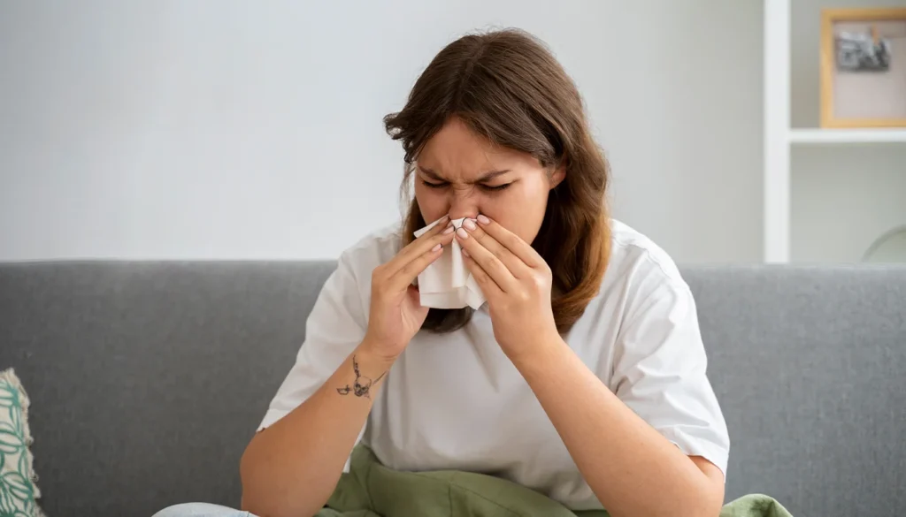 Woman sitting on a sofa blowing her nose with a tissue.