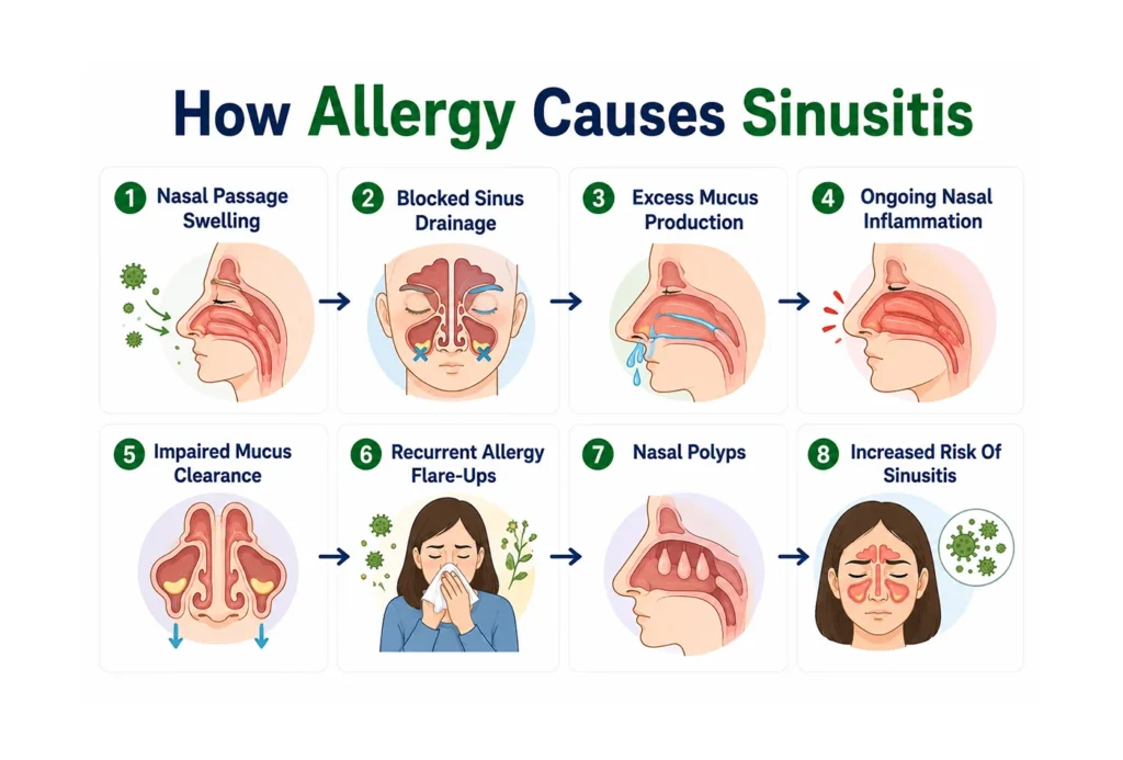 Infographic explaining eight steps of how allergies can cause sinusitis.