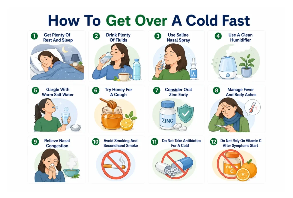 Infographic outlining 12 tips to recover from a cold fast.
