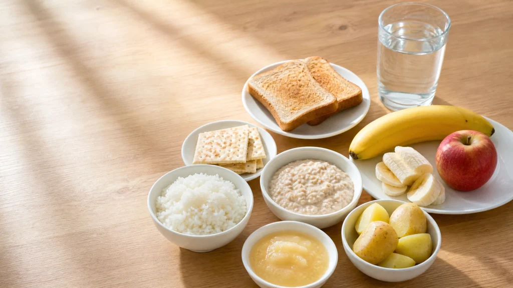 Overhead view of plain rice, bananas, and toast for digestive recovery.