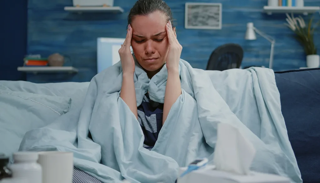 Sick woman wrapped in blanket holds head during painful headache.