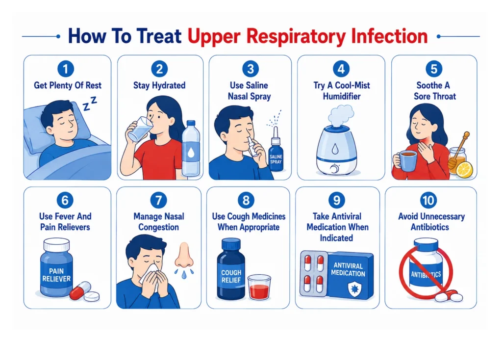 Infographic outlining 10 steps to treat an upper respiratory infection.