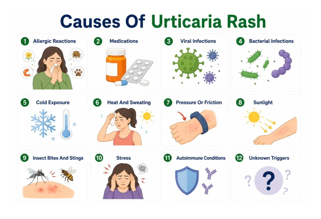 Infographic illustrating twelve common causes of a urticaria rash.