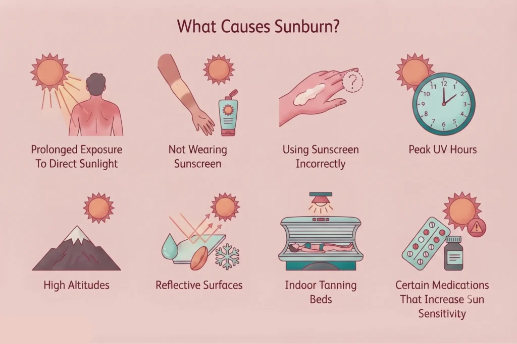 Medical infographic listing eight key causes and triggers of sunburn.