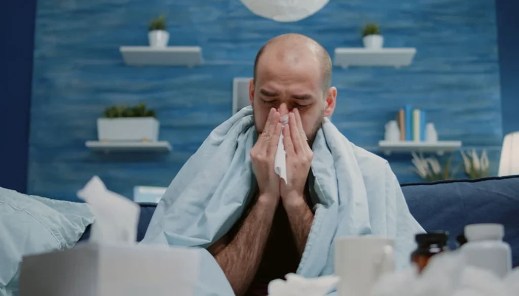 Sick man wrapped in blanket blowing nose with tissue paper.