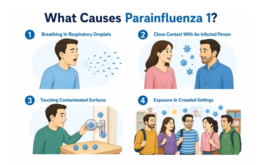 Educational diagram outlining four primary causes of parainfluenza 1 transmission.