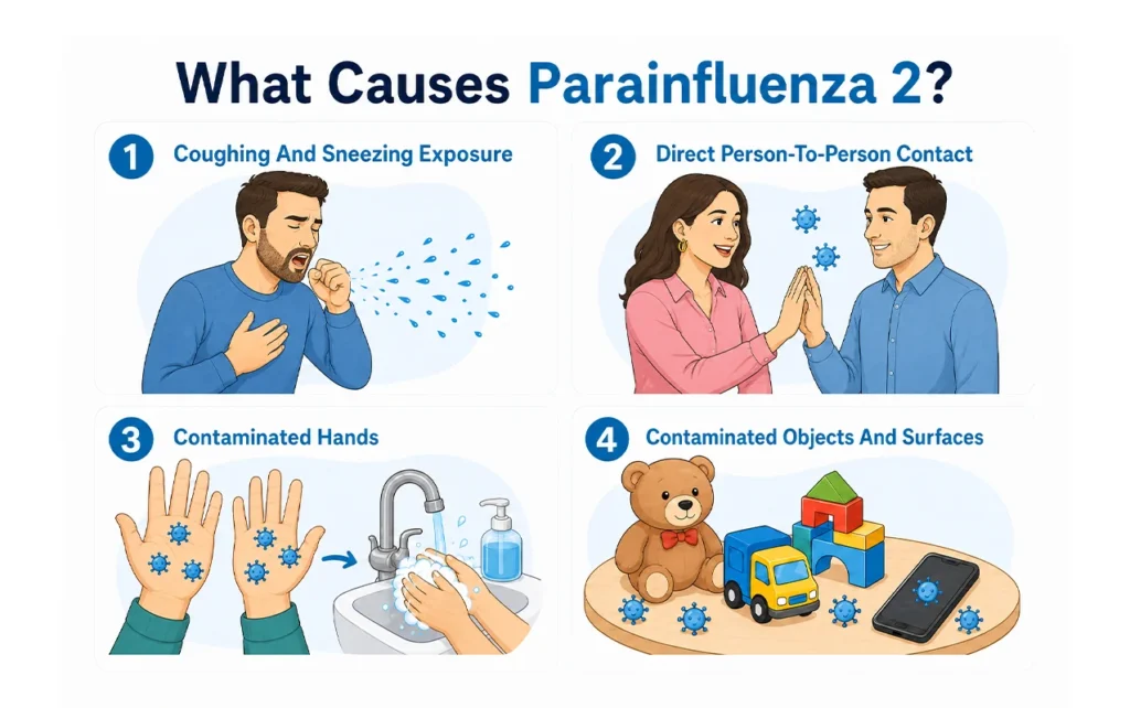 Infographic illustrating four main causes of parainfluenza 2 infection.