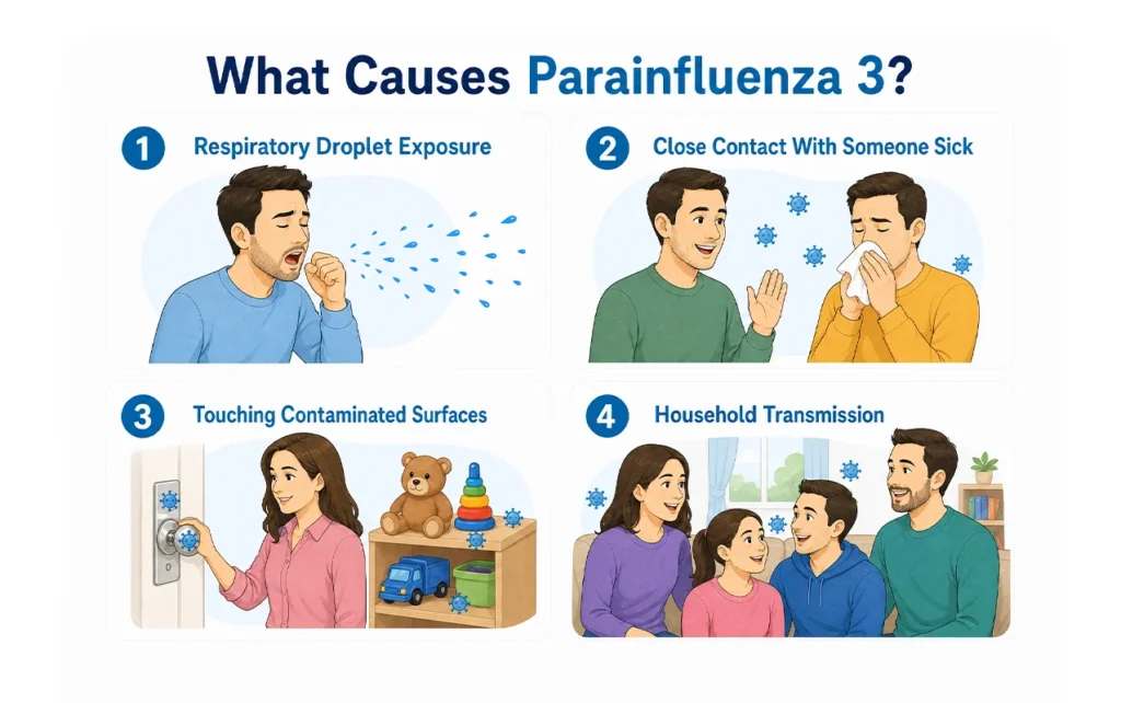 Visual guide detailing four common causes of parainfluenza 3 spread.