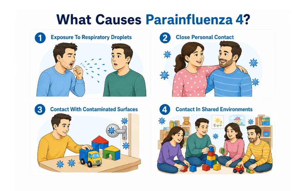 Medical diagram showing four key causes of parainfluenza 4 transmission.
