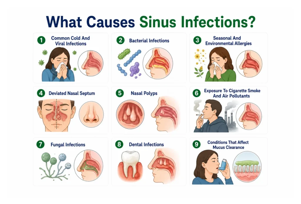 Infographic highlighting 9 common causes of sinus infections.