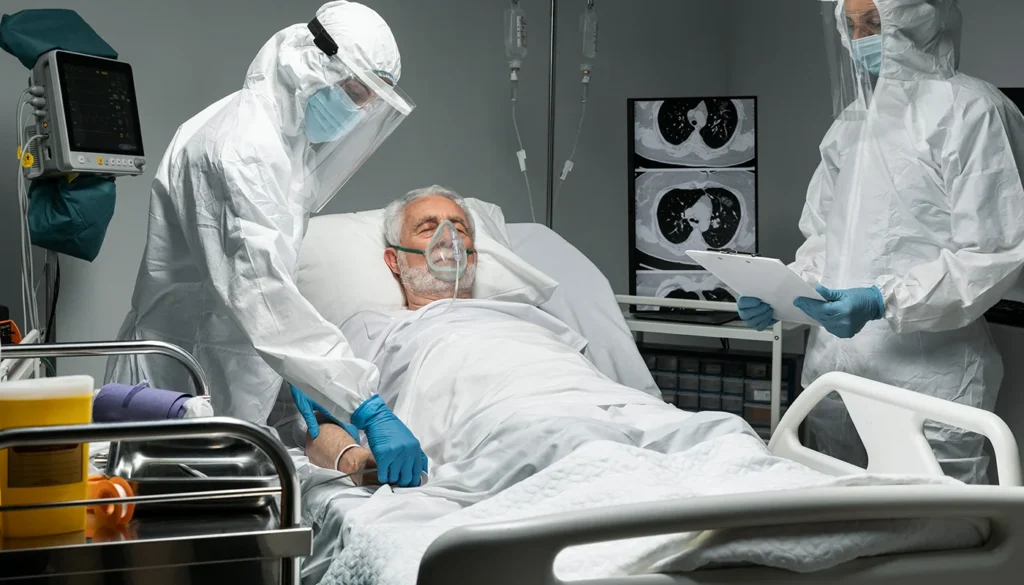 Medical workers in hazmat suits treating an elderly hospital patient.