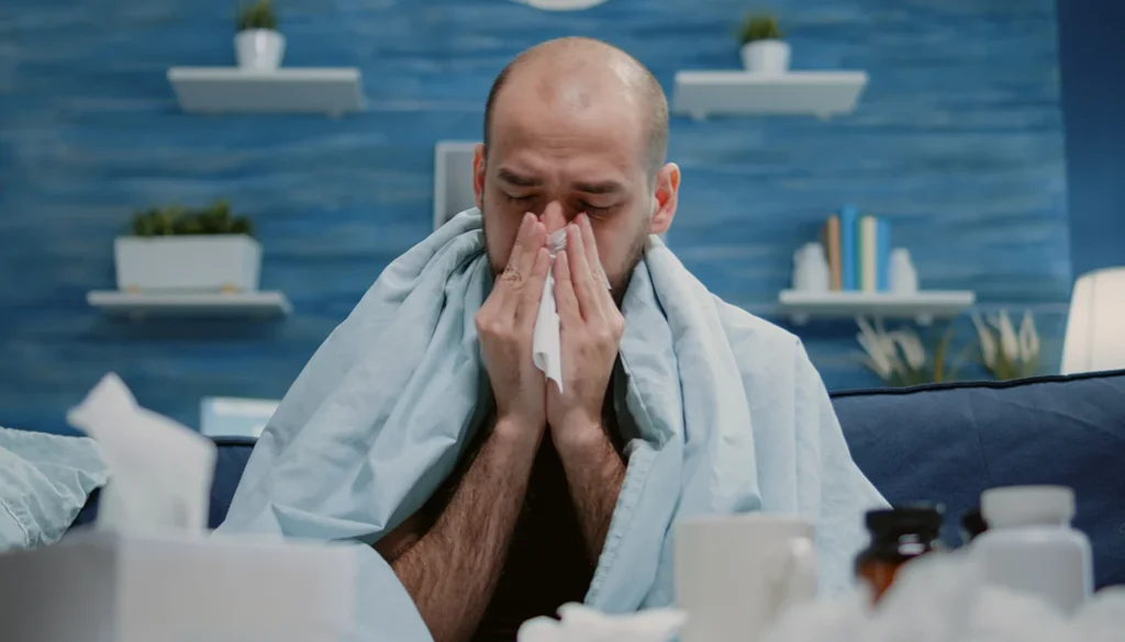 Sick man wrapped in blanket blows nose with paper tissue.