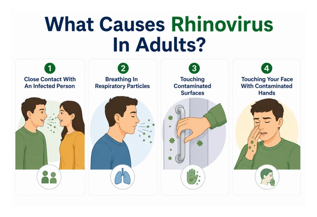 Infographic outlining four causes of Rhinovirus infection in adults.