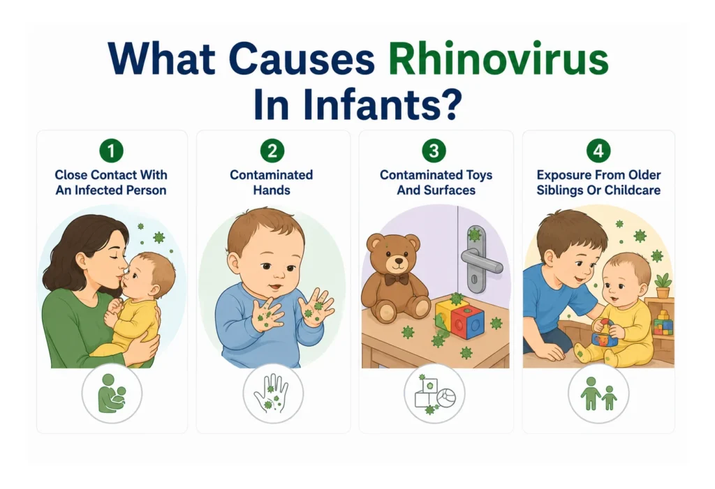 Infographic detailing four ways Rhinovirus spreads to infants.