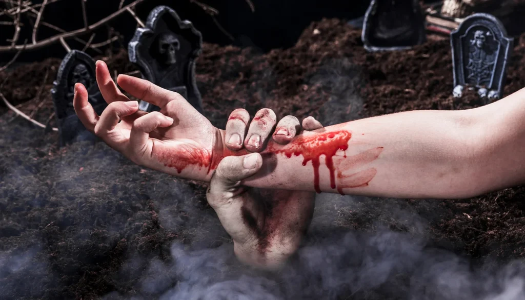 Pale zombie hand grabbing bloody arm above misty grave site.
